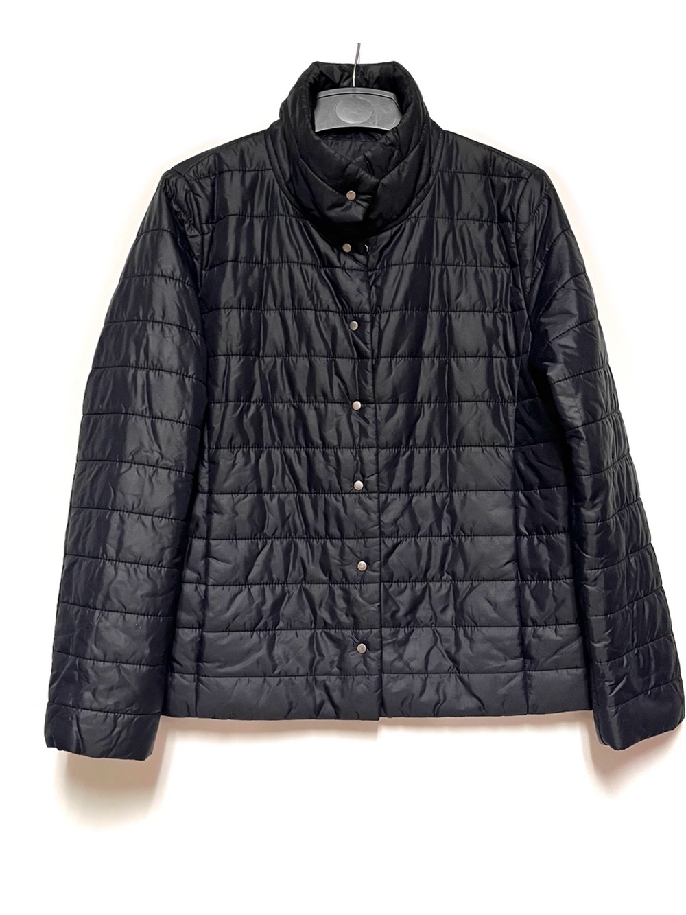 Eileen Fisher Eco Down Puffer Jacket S Black Recycled Nylon Quilted Lightweight